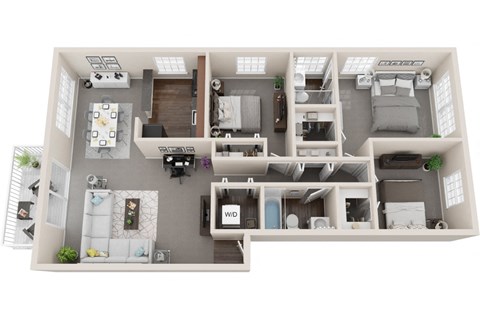3 bed 2 bath, 1167sf 3d floor plan  at Kenilworth at Charles Apartments, Towson, Maryland
